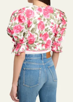 ChloeFloral Cotton Puff-Sleeve Button-Front Crop Top