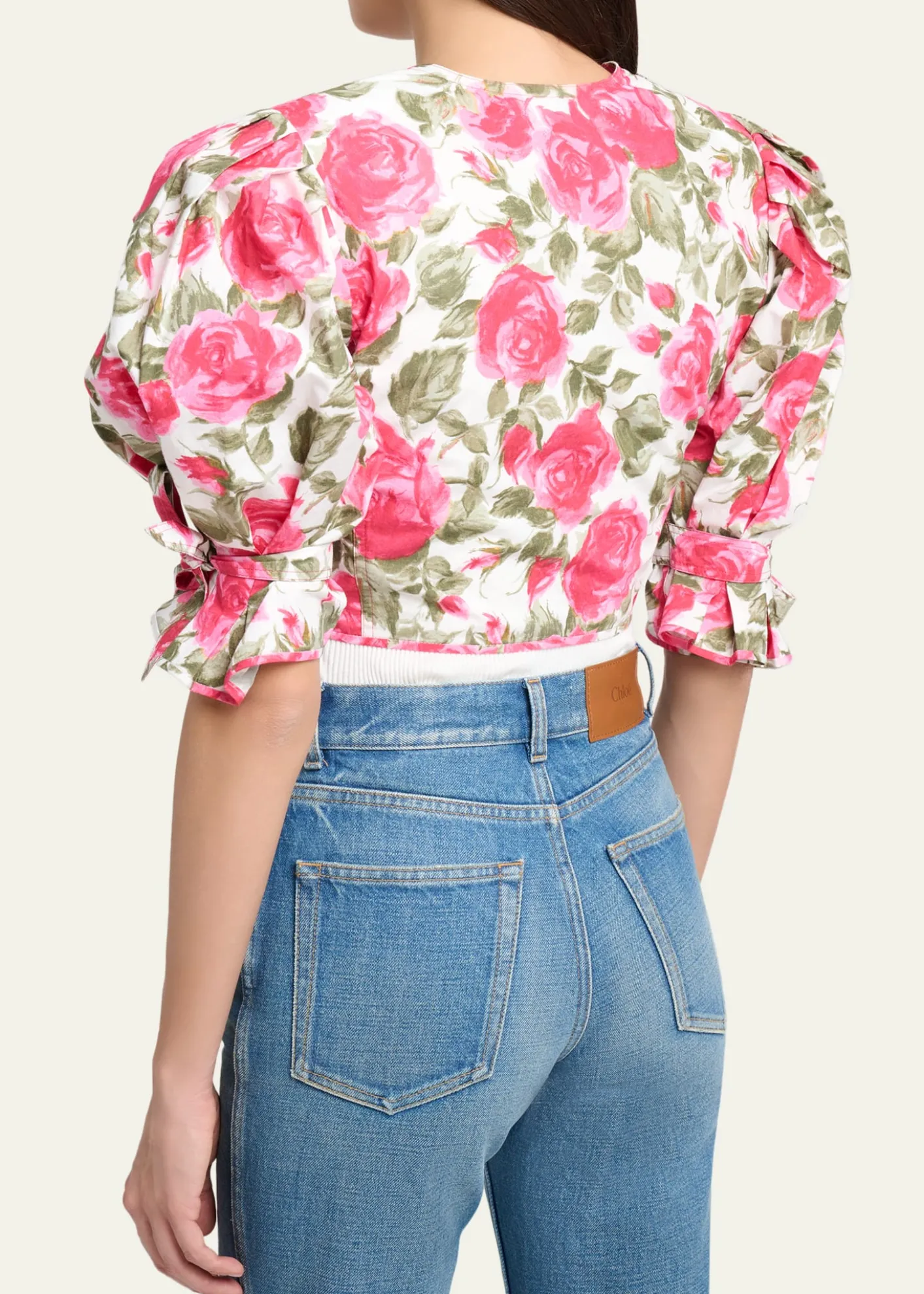 ChloeFloral Cotton Puff-Sleeve Button-Front Crop Top
