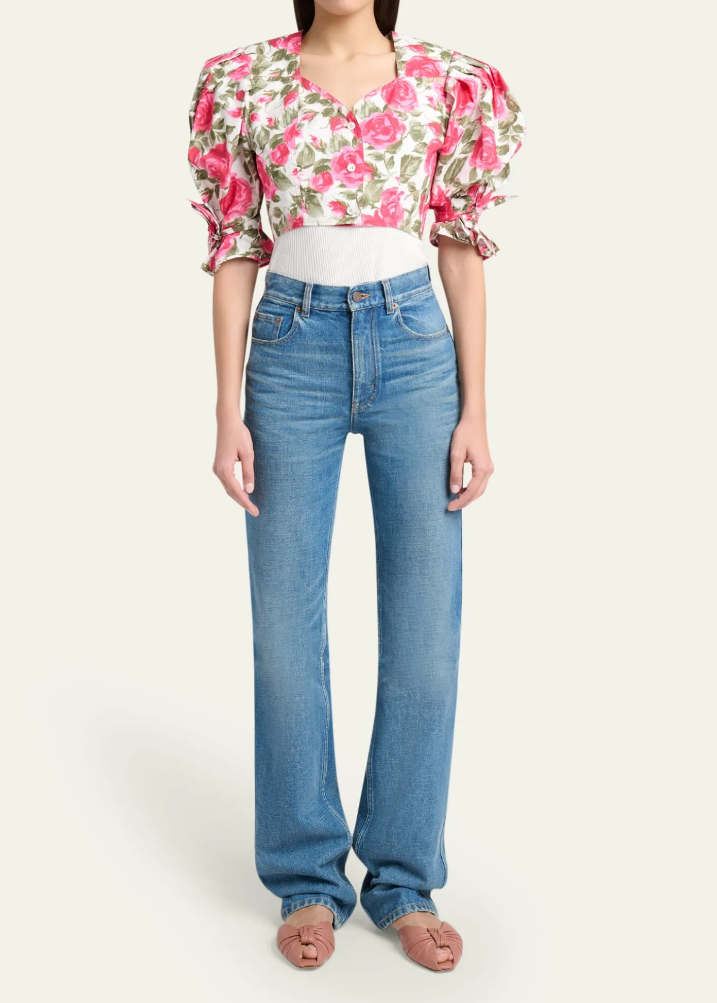ChloeFloral Cotton Puff-Sleeve Button-Front Crop Top
