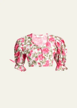 ChloeFloral Cotton Puff-Sleeve Button-Front Crop Top