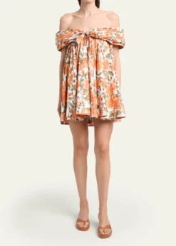 ChloeFloral Pleated Off-The-Shoulder Mini Babydoll Dress