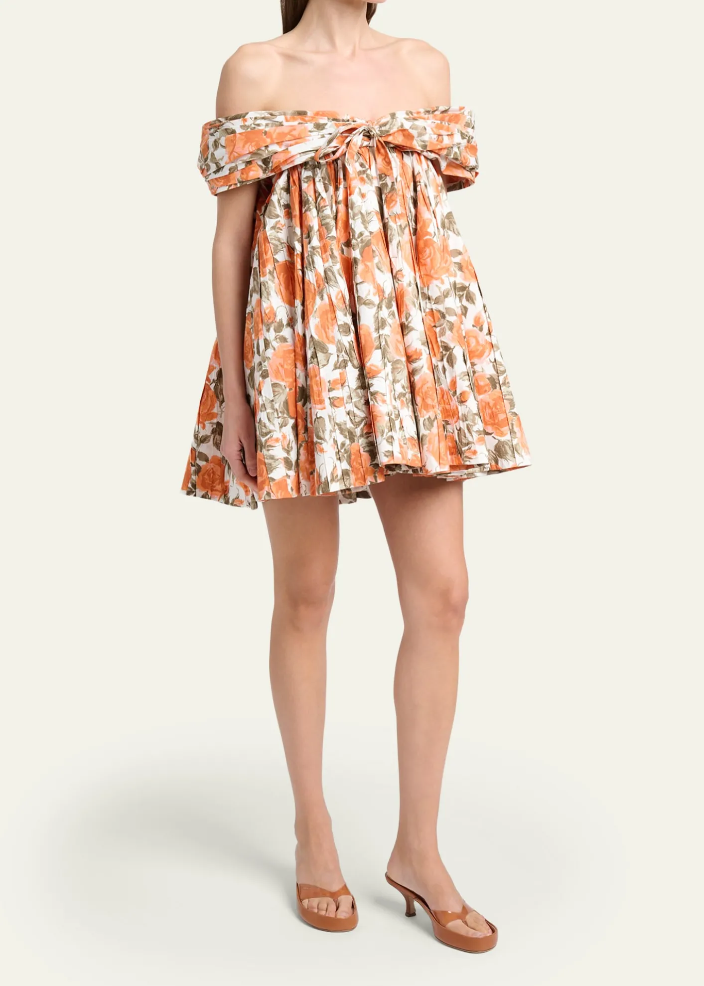 ChloeFloral Pleated Off-The-Shoulder Mini Babydoll Dress
