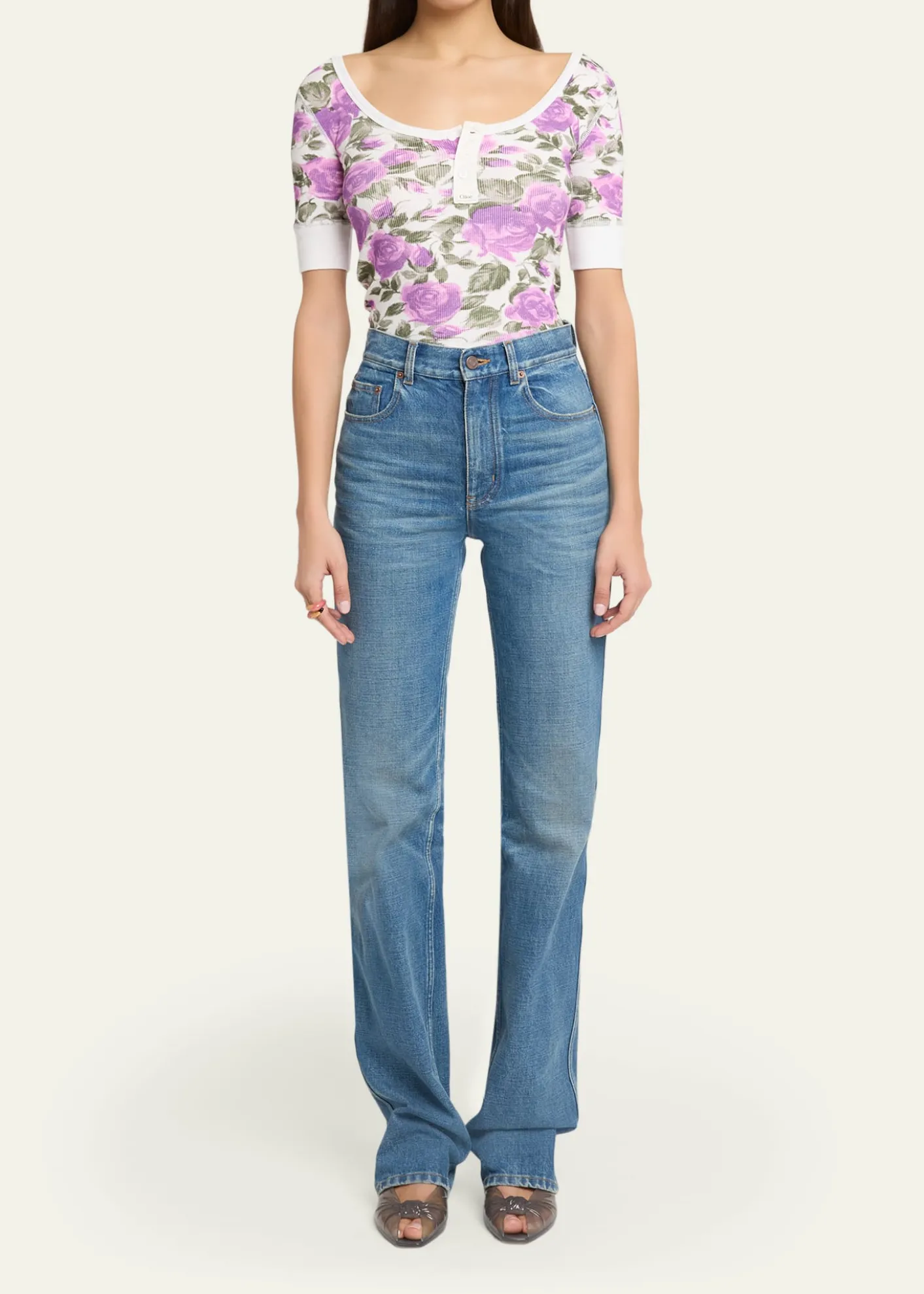 ChloeFloral Rib Short-Sleeve Henley Top