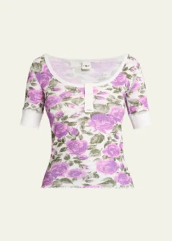 ChloeFloral Rib Short-Sleeve Henley Top