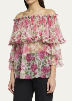 ChloeFloral Silk Off-The-Shoulder Ruffle Top