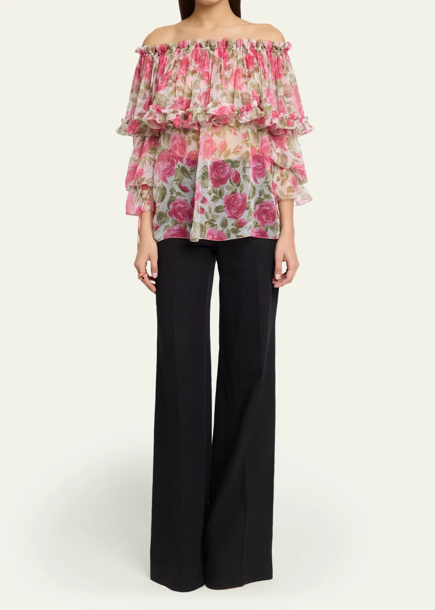 ChloeFloral Silk Off-The-Shoulder Ruffle Top