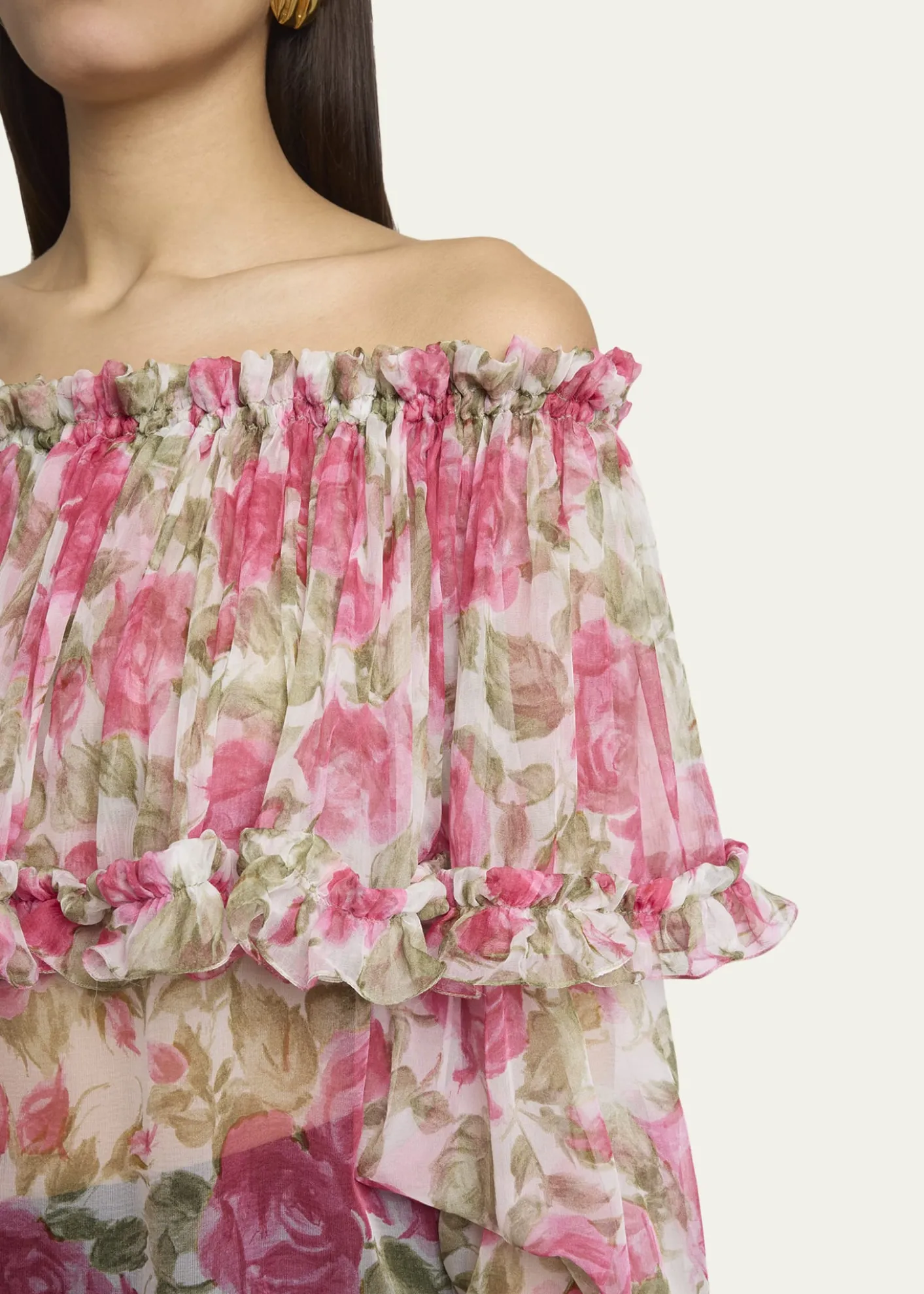 ChloeFloral Silk Off-The-Shoulder Ruffle Top