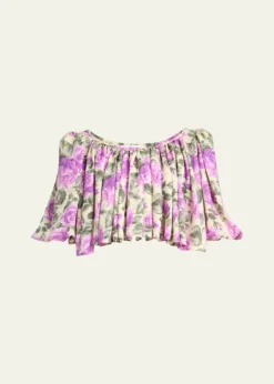 ChloeFloral Silk Puff-Sleeve Ruffle Crop Top