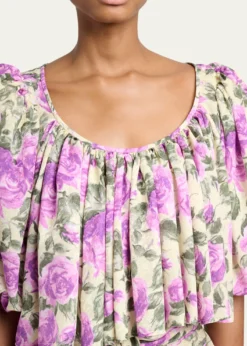 ChloeFloral Silk Puff-Sleeve Ruffle Crop Top