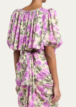 ChloeFloral Silk Puff-Sleeve Ruffle Crop Top