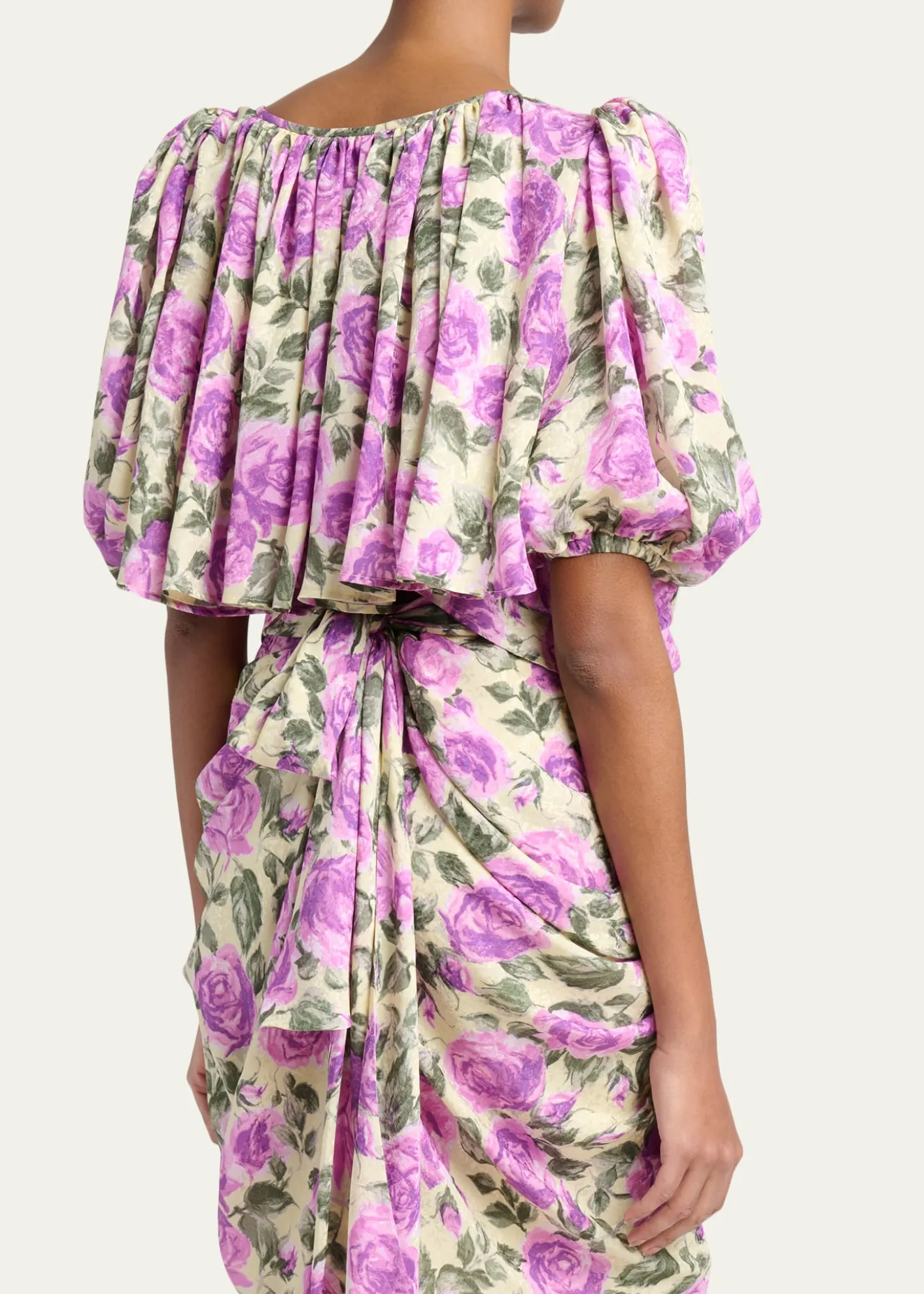 ChloeFloral Silk Puff-Sleeve Ruffle Crop Top
