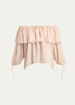 ChloeFlower Print Off-The-Shoulder Silk Top