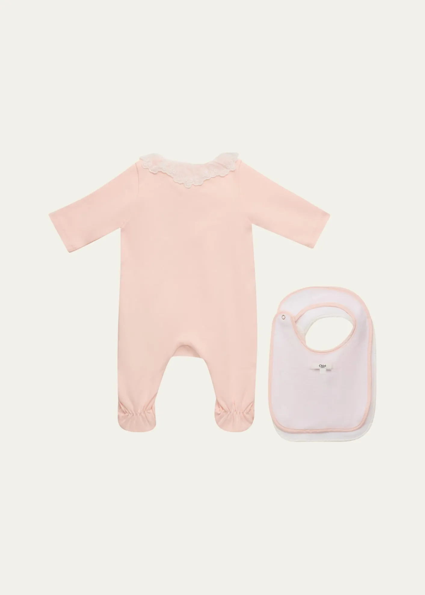 ChloeGirl's Lace-Trim Cotton Babygrow & Bib Set, Size 1M-6M