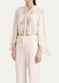ChloeLace Placket Tulip-Sleeve Silk Blouse