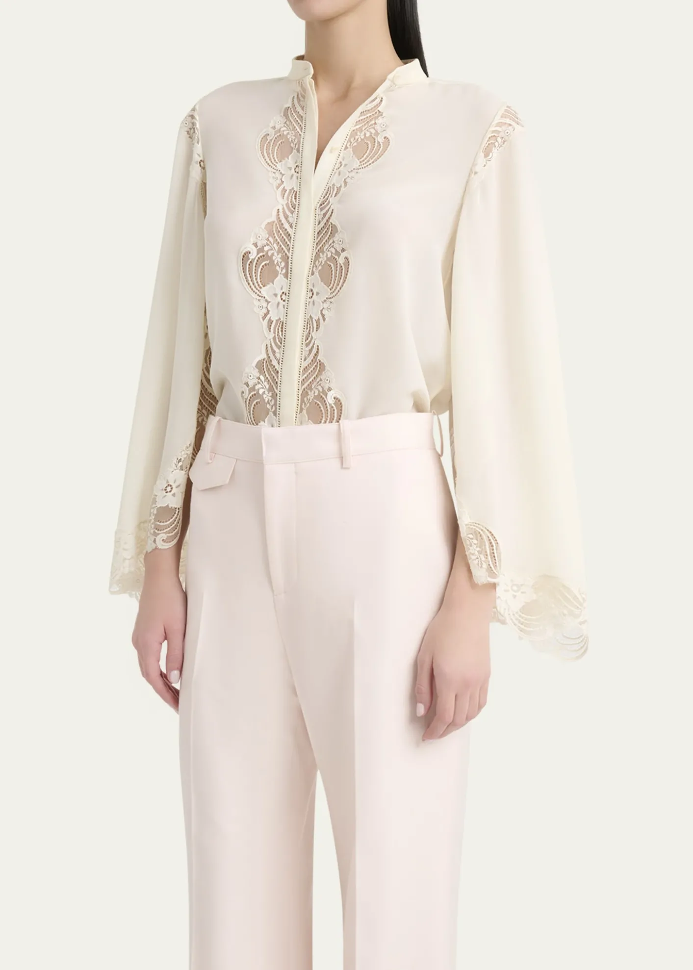 ChloeLace Placket Tulip-Sleeve Silk Blouse