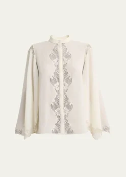ChloeLace Placket Tulip-Sleeve Silk Blouse
