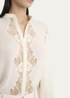 ChloeLace Placket Tulip-Sleeve Silk Blouse