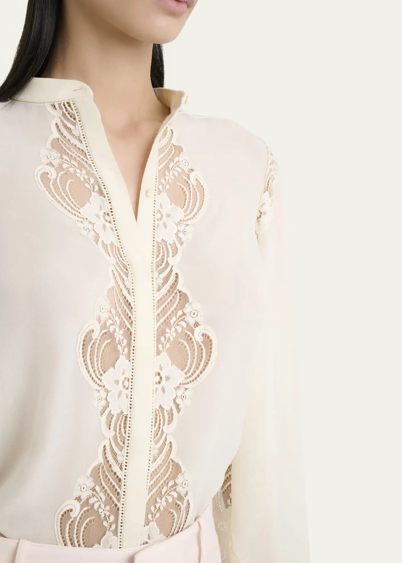 ChloeLace Placket Tulip-Sleeve Silk Blouse