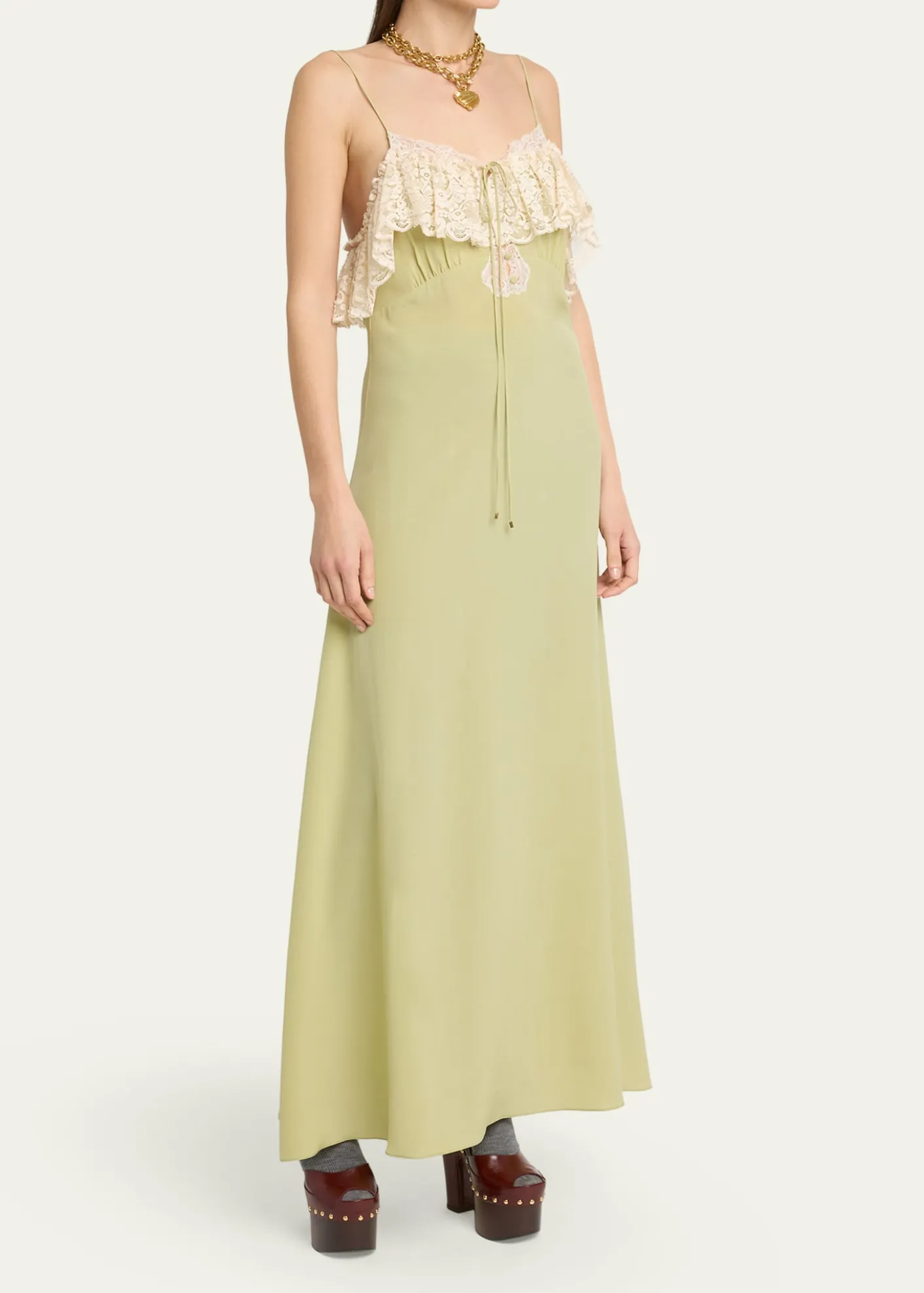 ChloeLace-Ruffle Silk Crepe De Chine Maxi Slip Dress
