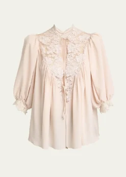 ChloeLace-Trim Puff-Sleeve Organic Silk Crepe De Chine Top