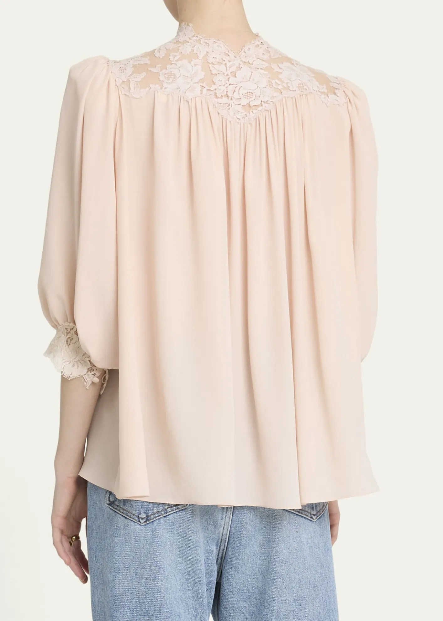 ChloeLace-Trim Puff-Sleeve Organic Silk Crepe De Chine Top