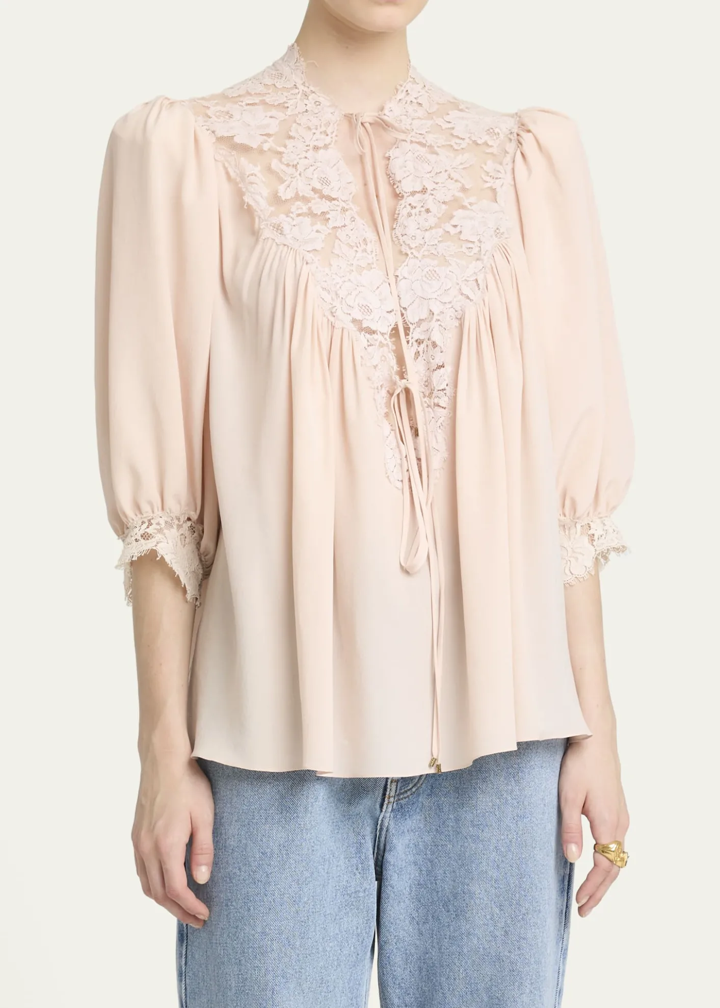 ChloeLace-Trim Puff-Sleeve Organic Silk Crepe De Chine Top