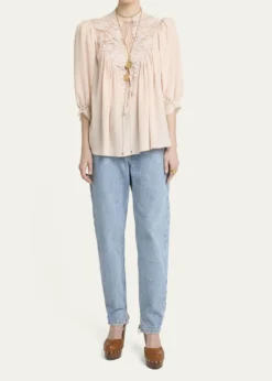 ChloeLace-Trim Puff-Sleeve Organic Silk Crepe De Chine Top