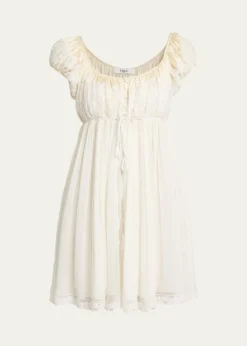 ChloeLace-Trim Short-Sleeve Silk Mousseline Mini Babydoll Dress