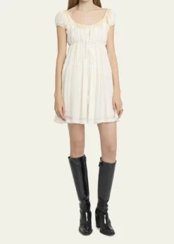 ChloeLace-Trim Short-Sleeve Silk Mousseline Mini Babydoll Dress