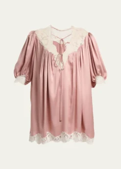 ChloeLace-Trim Short-Sleeve Satin Mini Dress