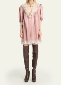 ChloeLace-Trim Short-Sleeve Satin Mini Dress