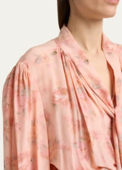 ChloeLong-Sleeve Bouquet Print Silk Dress