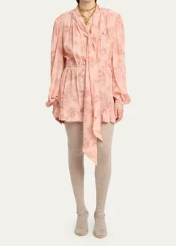 ChloeLong-Sleeve Bouquet Print Silk Dress
