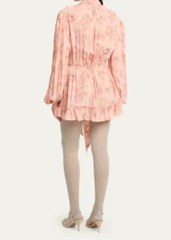 ChloeLong-Sleeve Bouquet Print Silk Dress
