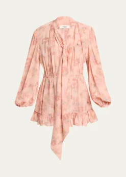 ChloeLong-Sleeve Bouquet Print Silk Dress