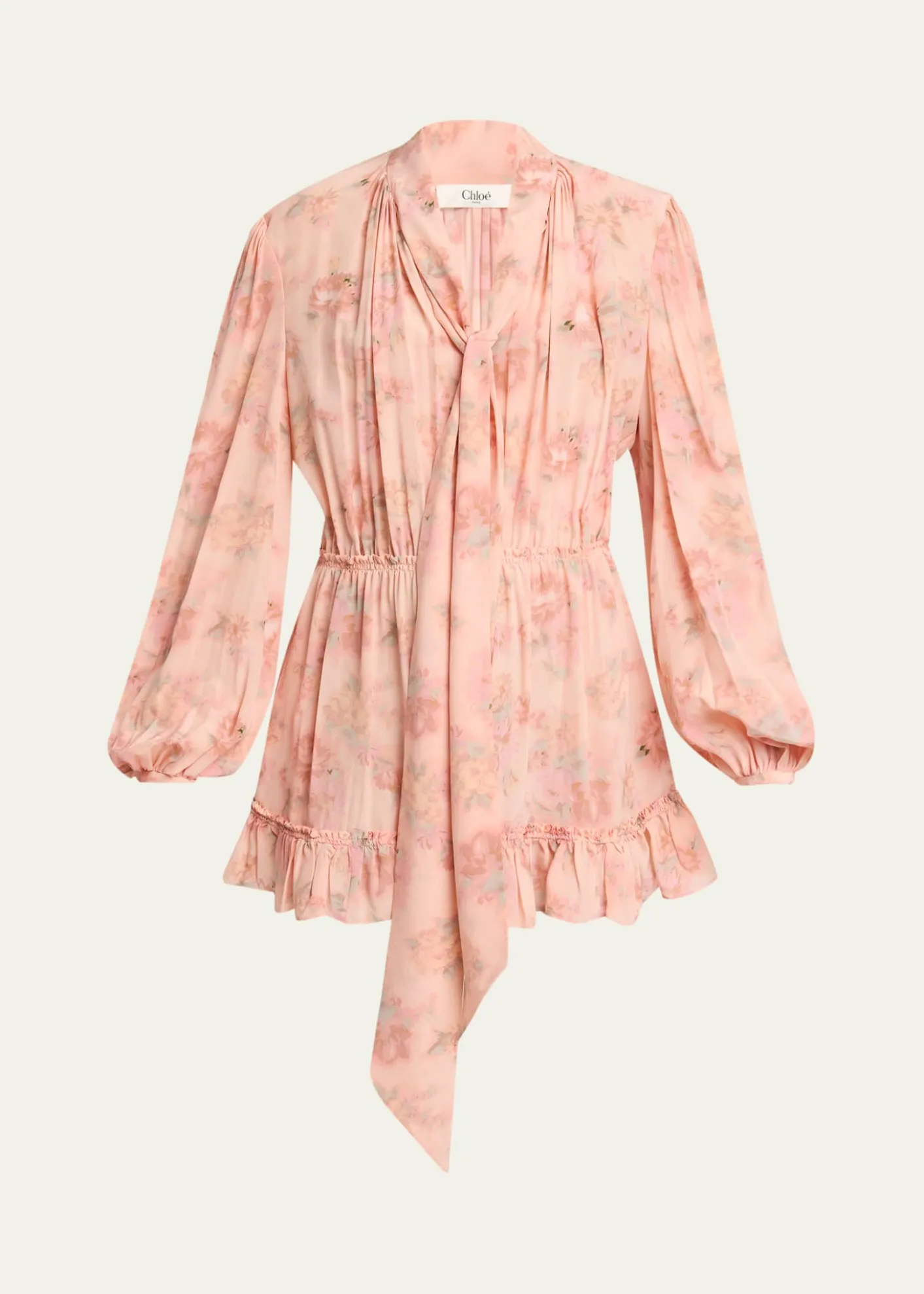 ChloeLong-Sleeve Bouquet Print Silk Dress