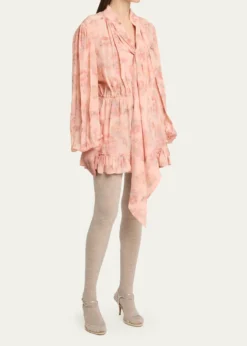 ChloeLong-Sleeve Bouquet Print Silk Dress