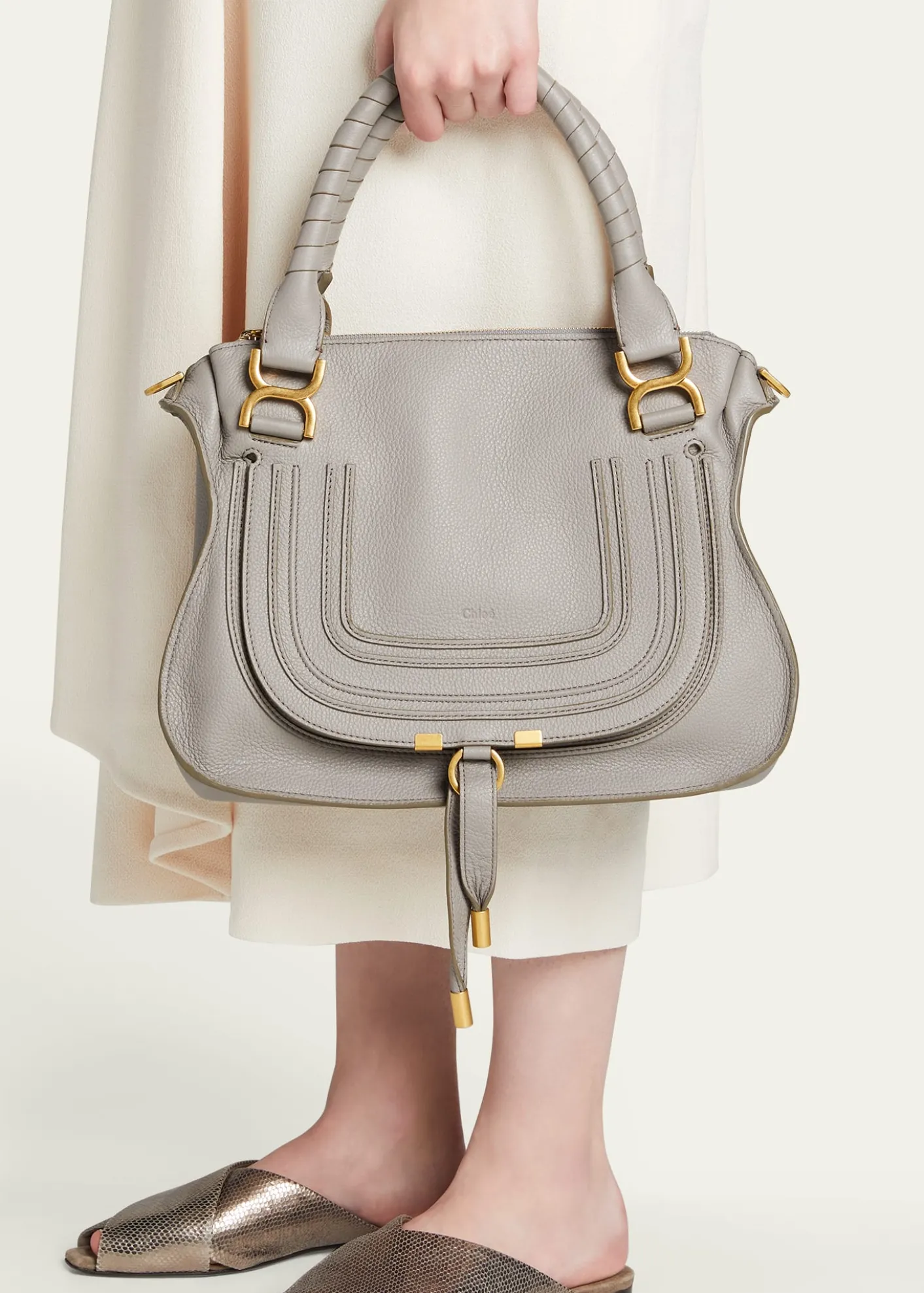 ChloeMarcie Medium Double Carry Satchel Bag in Grained Leather