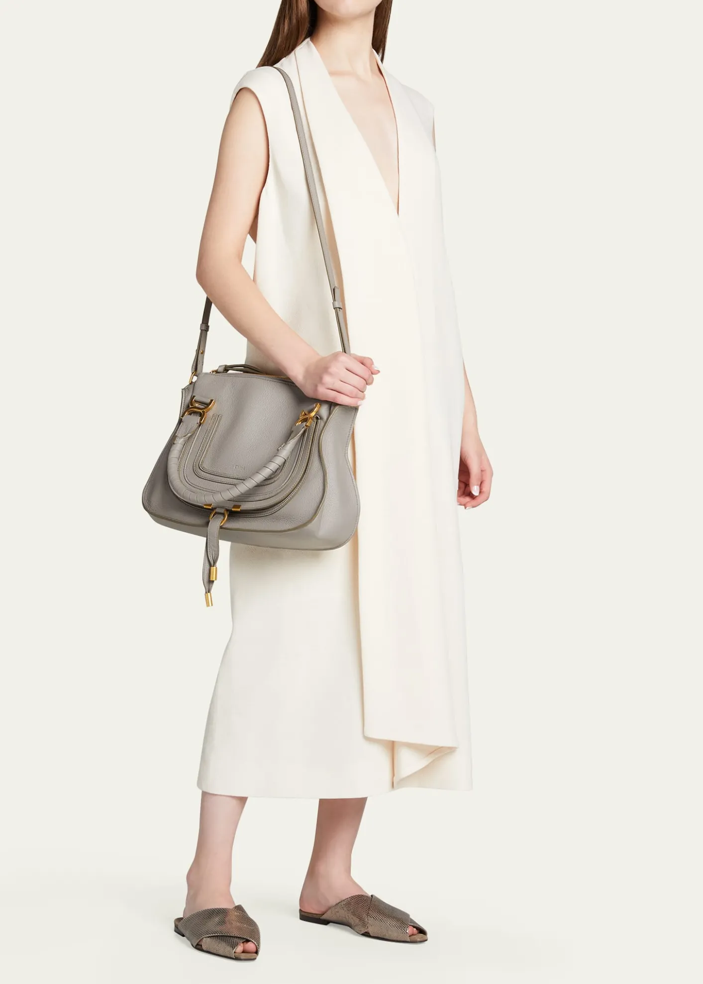 ChloeMarcie Medium Double Carry Satchel Bag in Grained Leather