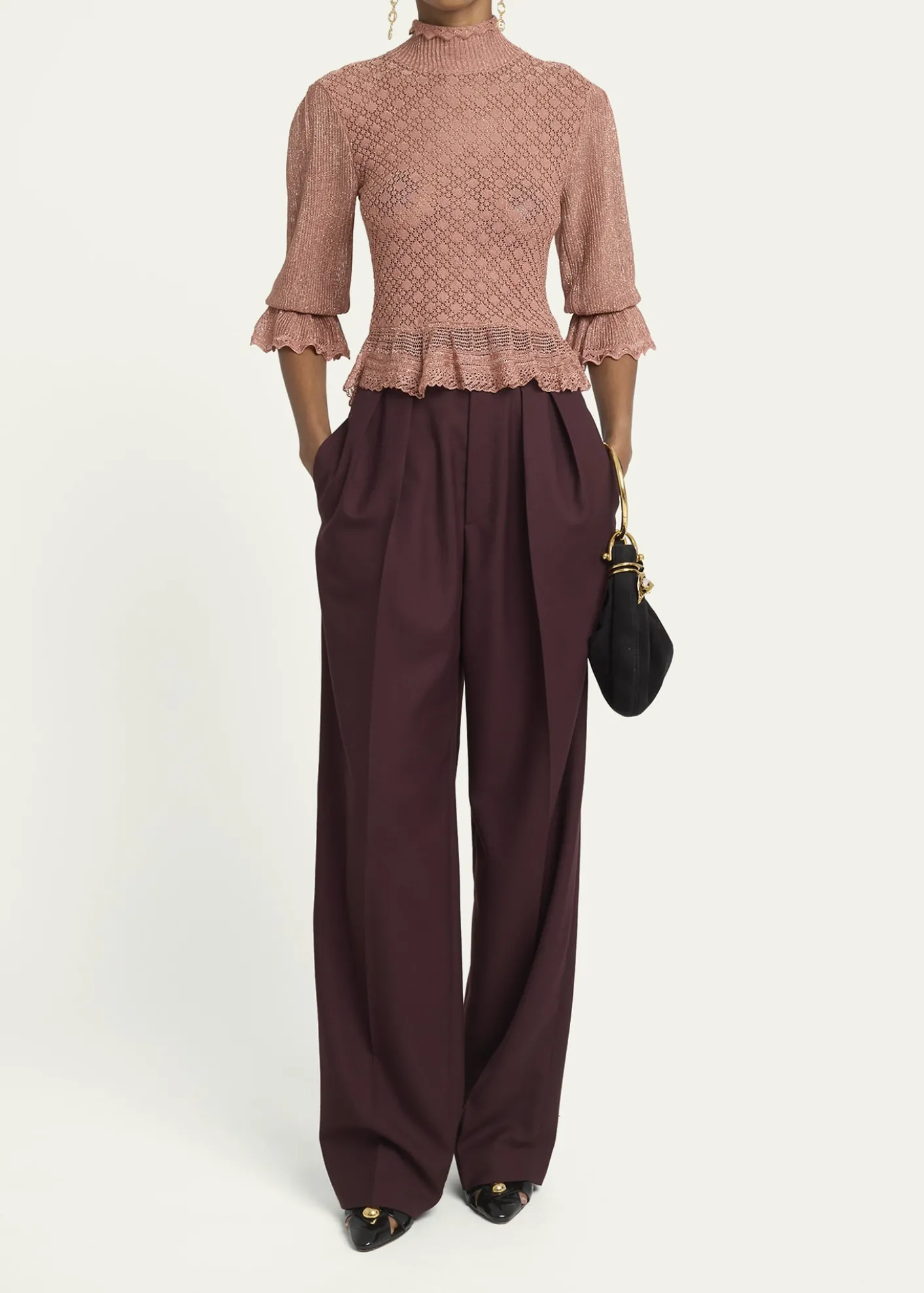 ChloeMock-Neck Metallic Knit Ruffle Sweater