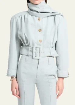 ChloeNeck-Scarf Belted Linen Crop Jacket