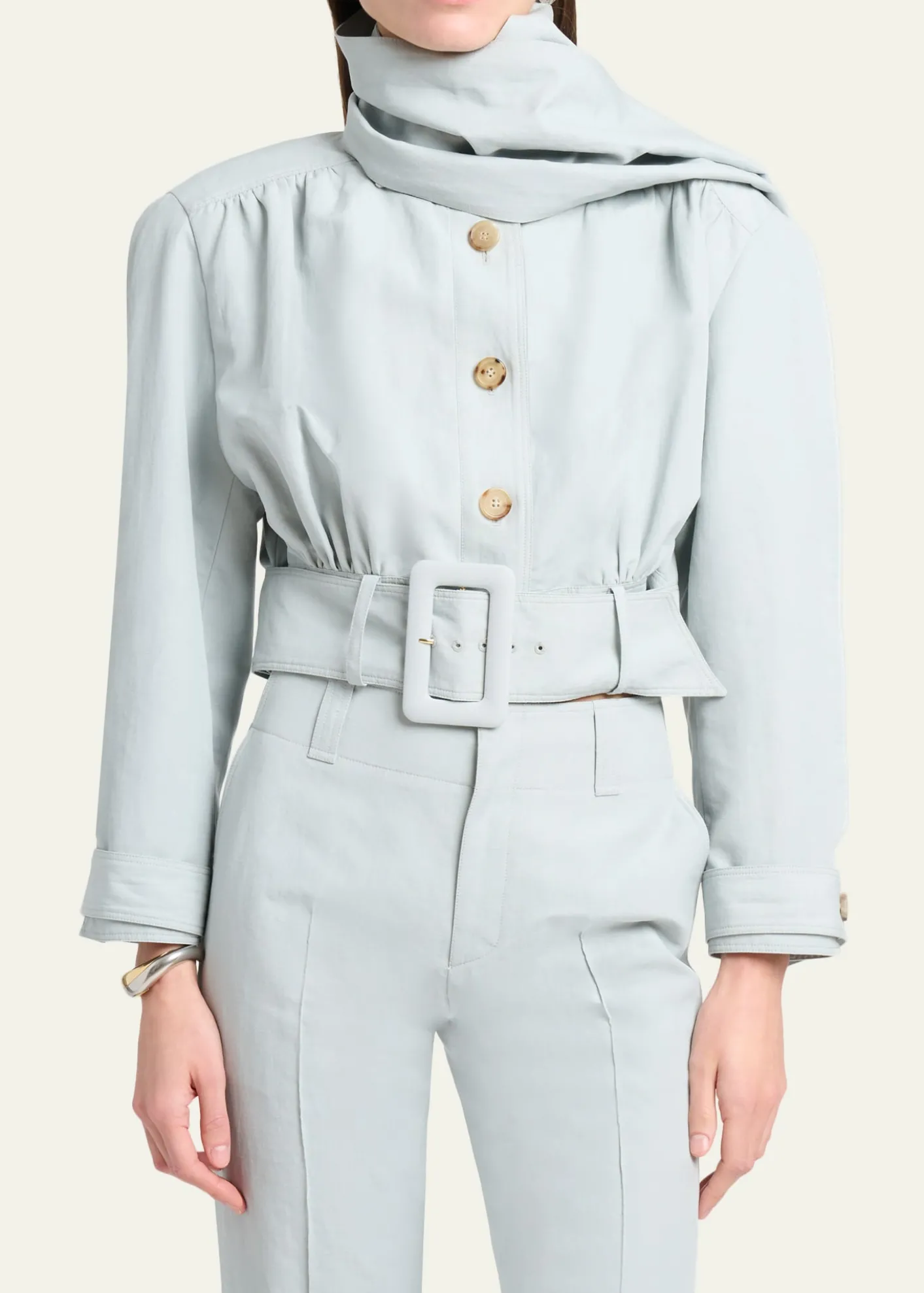 ChloeNeck-Scarf Belted Linen Crop Jacket
