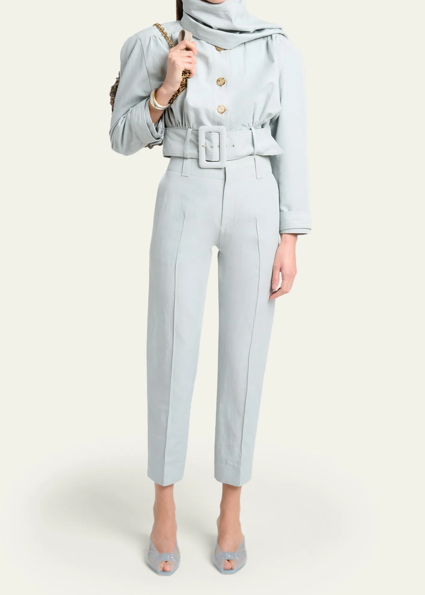 ChloeNeck-Scarf Belted Linen Crop Jacket