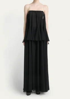 ChloePendant-Chain Tiered Organic Silk Georgette Backless Gown