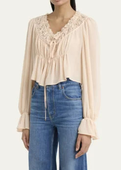 ChloeRuched Lace Silk Peasant Blouse