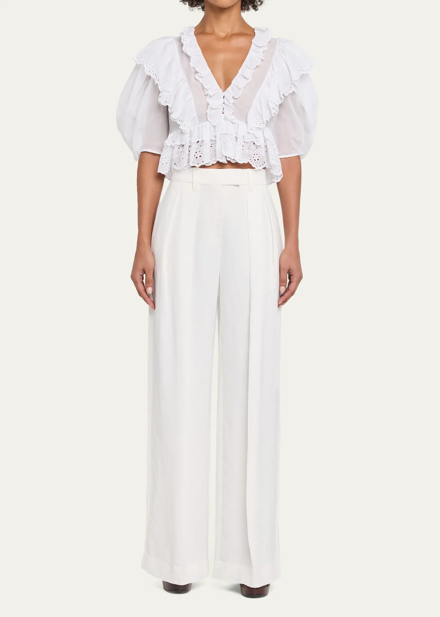 ChloeRuffled Eyelet Cotton Puff-Sleeve Crop Top