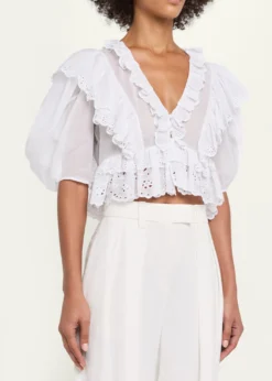 ChloeRuffled Eyelet Cotton Puff-Sleeve Crop Top