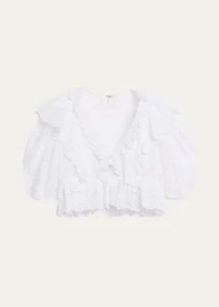 ChloeRuffled Eyelet Cotton Puff-Sleeve Crop Top