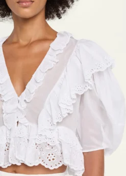 ChloeRuffled Eyelet Cotton Puff-Sleeve Crop Top
