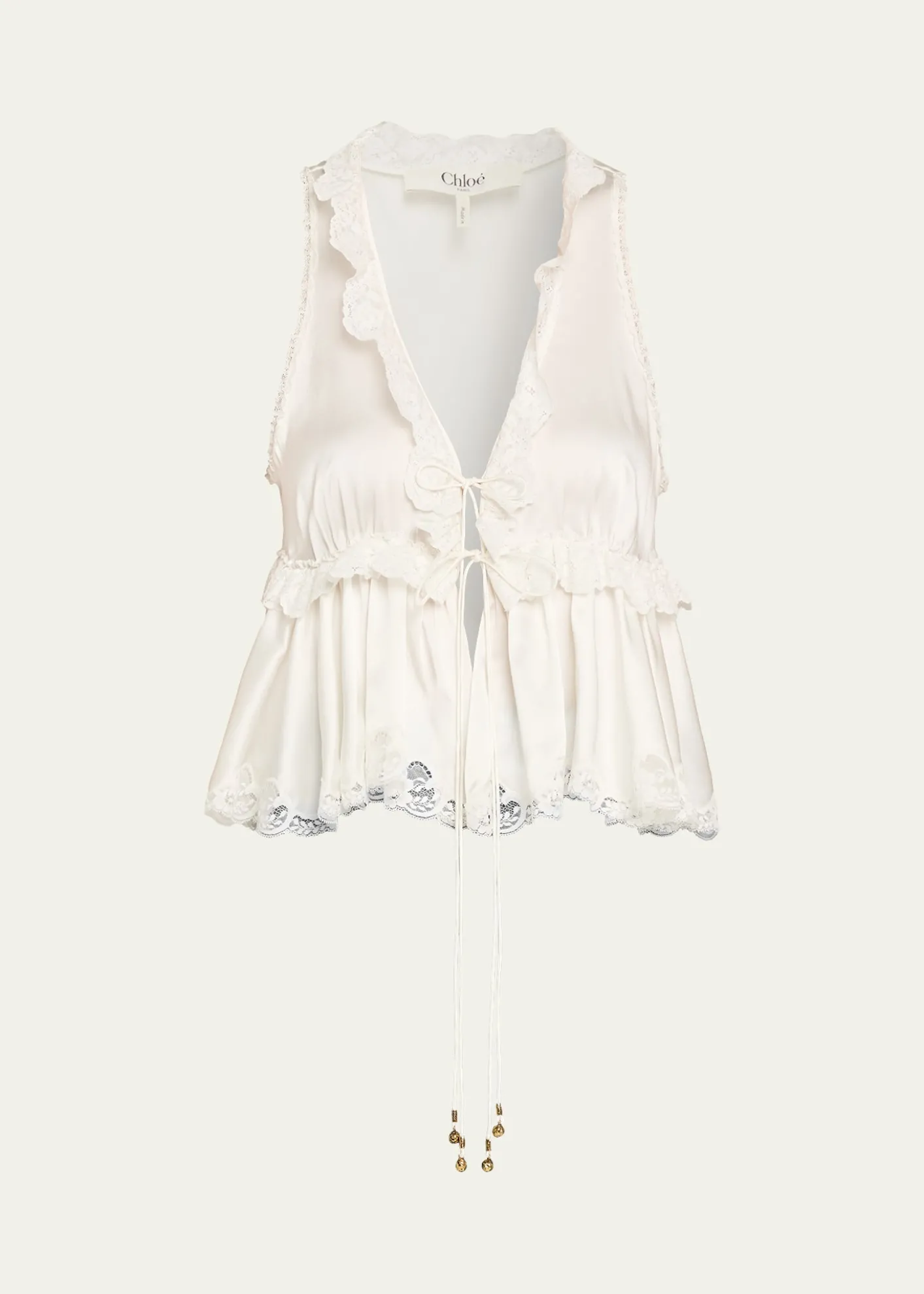 ChloeRuffle V-Neck Sleeveless Silk Top